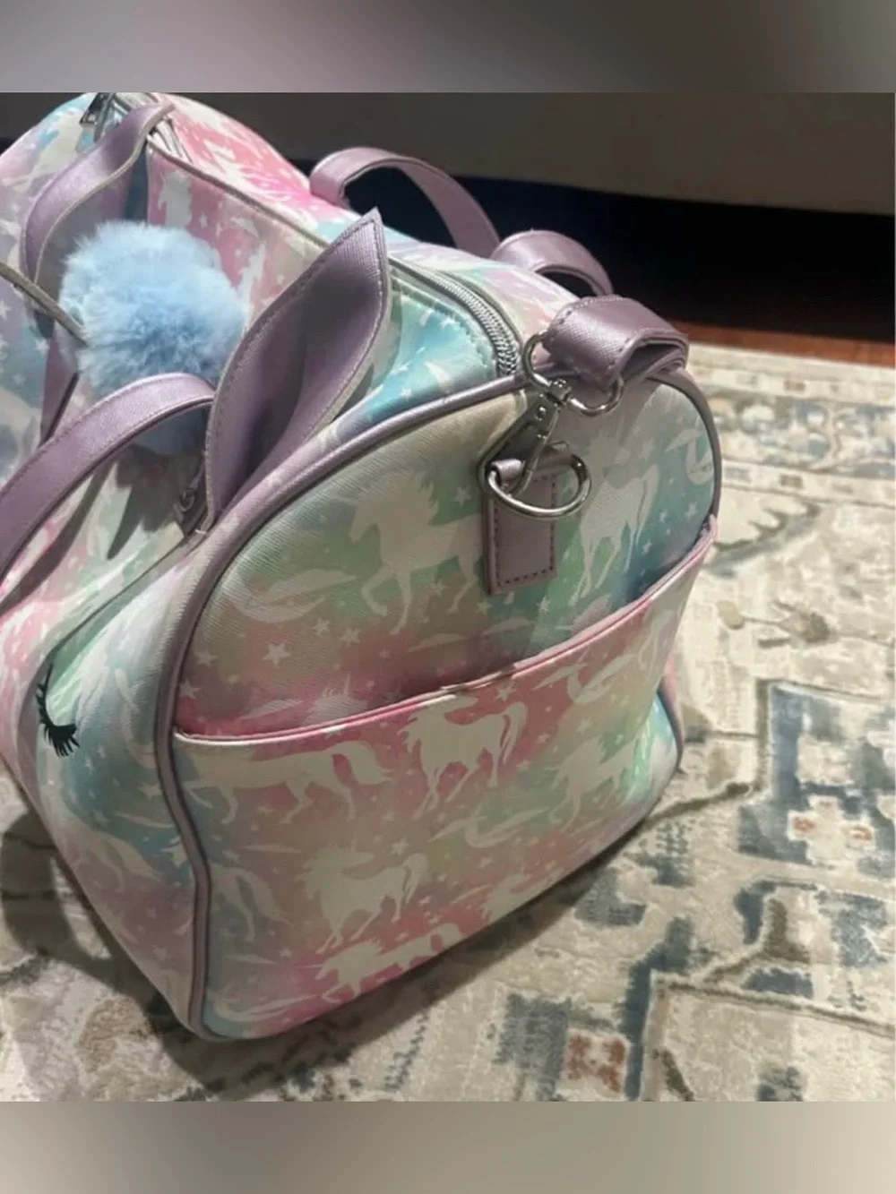 Unicorn Print Kids Tote Bag with Blue Pom-Pom